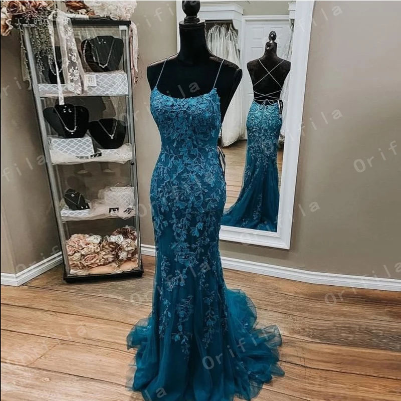

Teal Blue Prom Dress Mermaid 2021 Cross Spaghetti Straps Lace Appliques Graduation Evening Party Gowns Formal Wear Vestidos