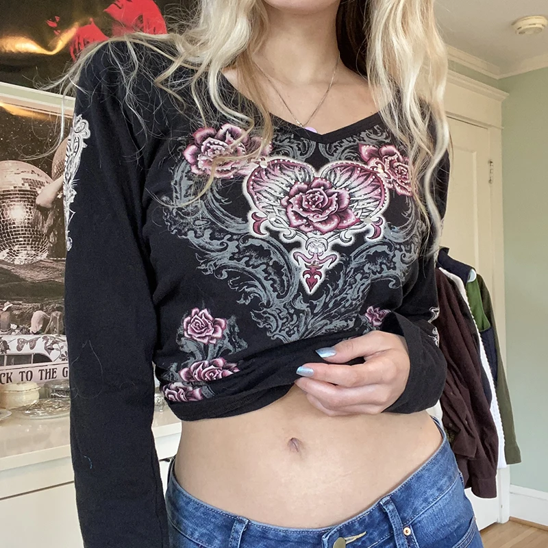 

WeiYao Retro Floral Print Y2K Grunge Clothes Streetwear Fashion Aesthetic 90s Graphic Tee Tops Casual Harajuku Vintage Tshirts