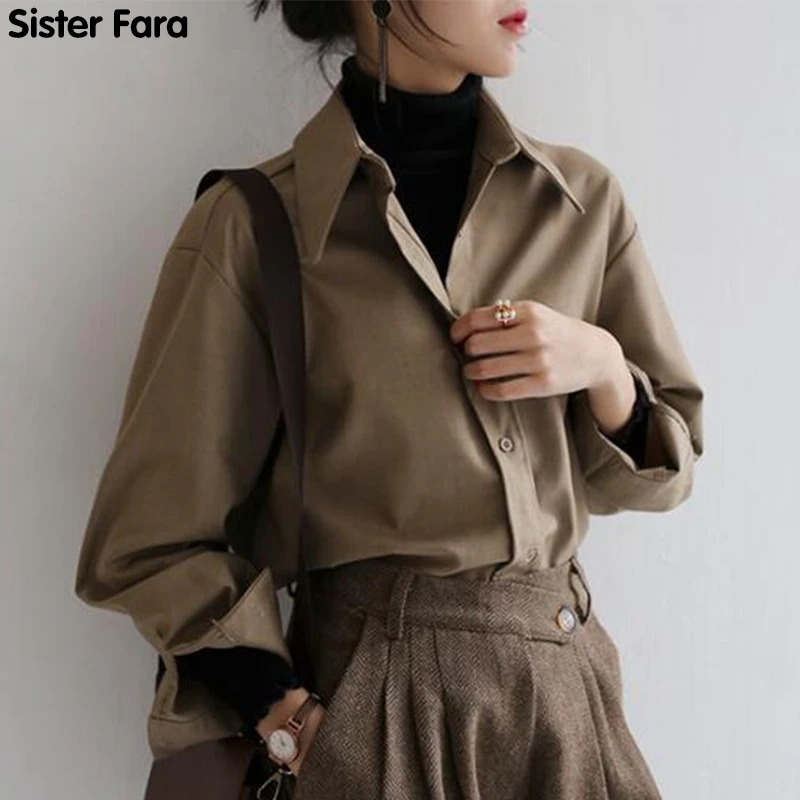 

Sister Fara New Spring 2022 Shirt Women Single Breasted Long Sleeve Shirt Autumn Office Lady Turn-Down Collar Blouse