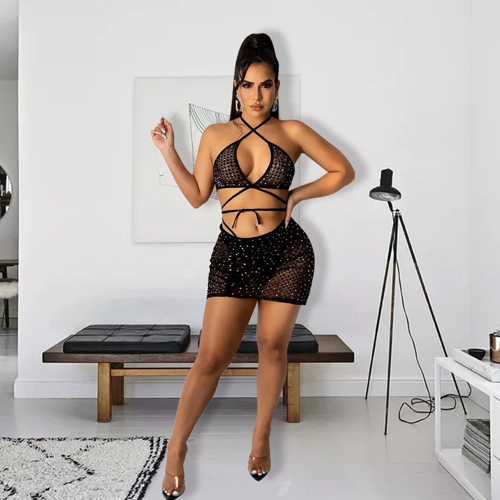 

Sexy Women Skirt Suit Bandgae Crop Top + Mini Dress Diamond Sleeveless Party Night Clubwear Summer Clothes For Women Outfit