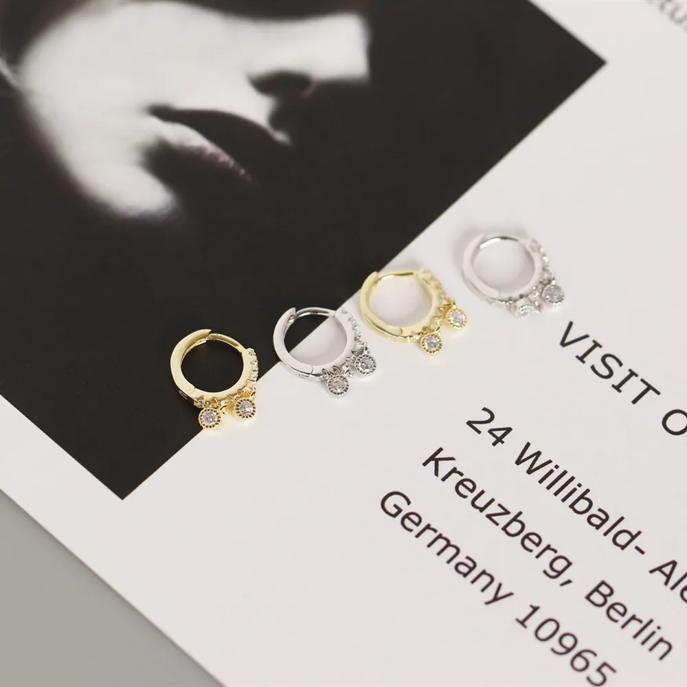 

YPAY 100% Genuine 925 Sterling Silver Pendant Hoop Earrings for Women Two Small Round Mini White Zircon Earring Jewelry YME548