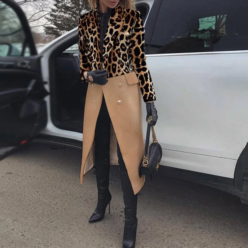 

Vintage Leopard Patchwork Long outerwear Office Lady Lapel Slim Coat Top Autumn Winter Long Sleeve Single Breasted Casual Jacket
