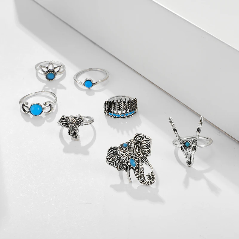 Комплект серебряных Ретро колец 7 шт. индийские перья слон амулет набор для