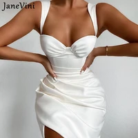 janevini 2021 sexy white satin gown ruched women midi dresses strapless summer fashion solid bodycon dress club party streetwear