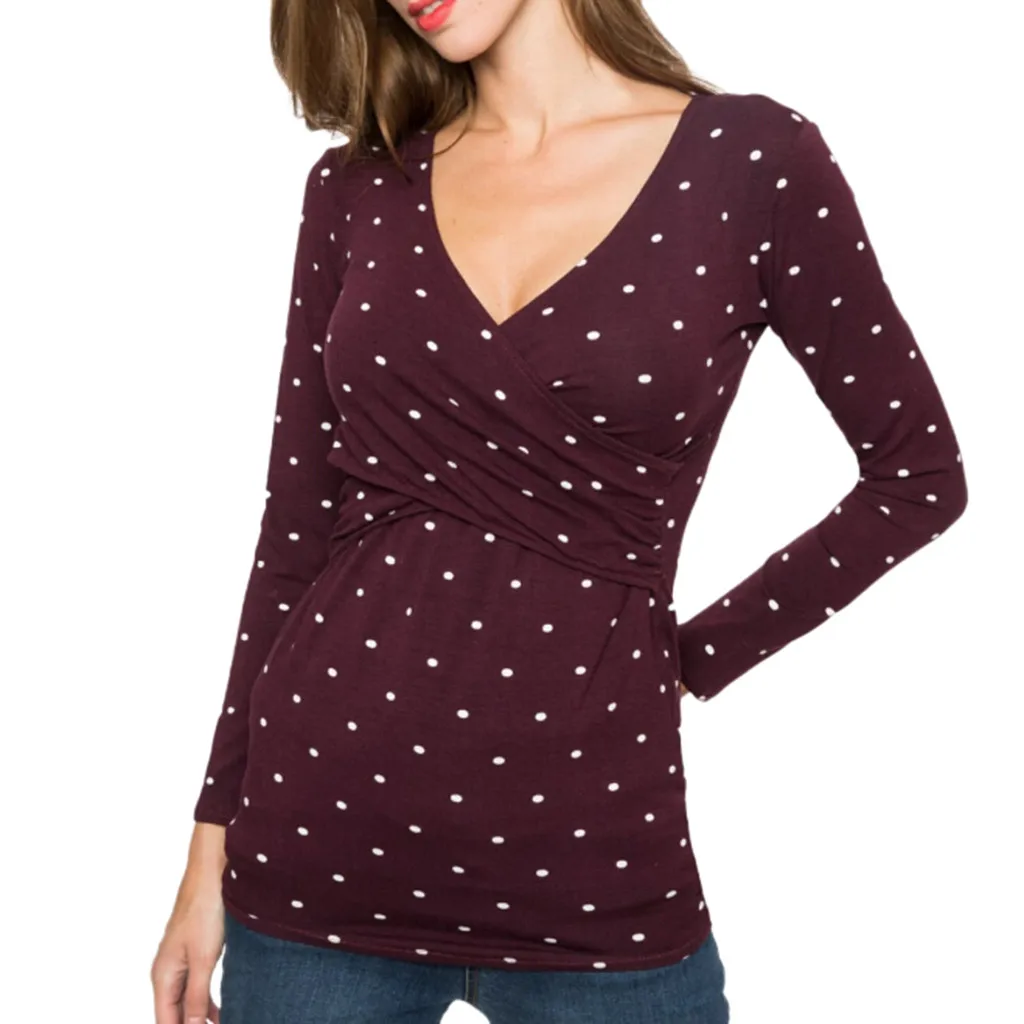 Women Maternity Blouse Fashion Pregnant Nusring Maternity Long Sleeve Ruffles Printed Dot Blouse T-Shirts Pregnancy Cloth M50