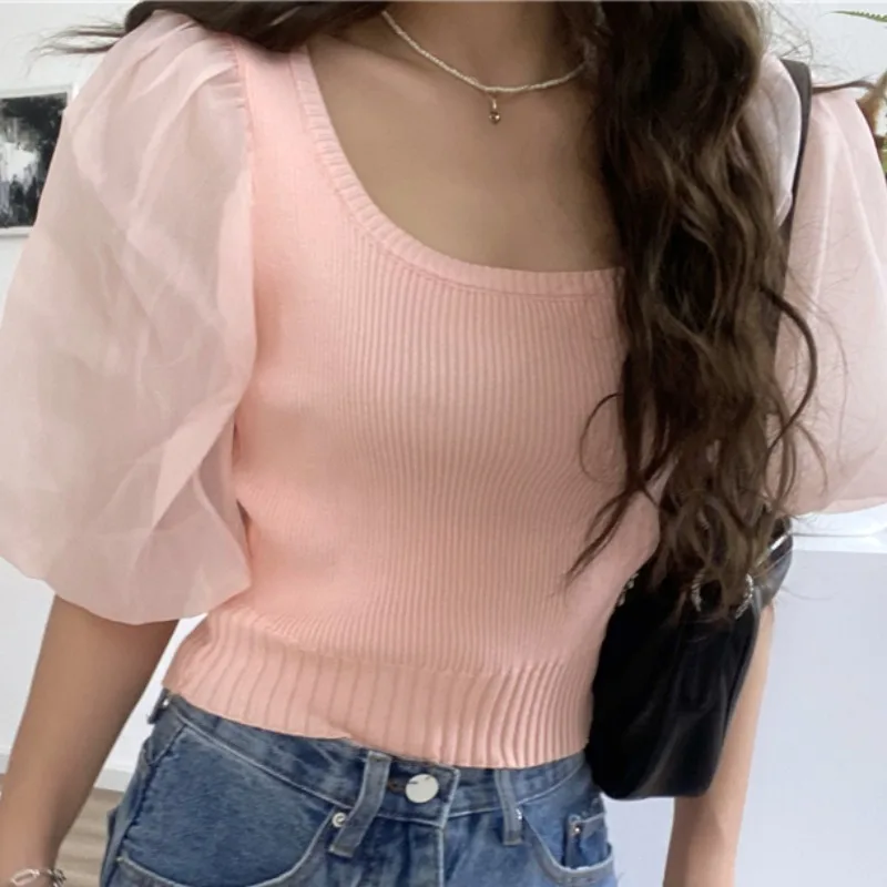 

ZAWAHIKI Vintage Elegant Knitted Pullover Summer Square Collar Gauze Puff Sleeve Slim Body Thin Tops Solid Short Women Clothing