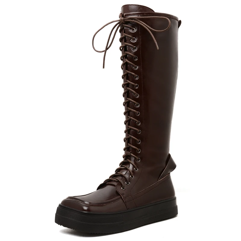 

autuspin Fashion Square Toe Motorcycle Boots Woman Winter Handmade Genuine Leather Shoes Female Punk Cross Tied Knee High Boot