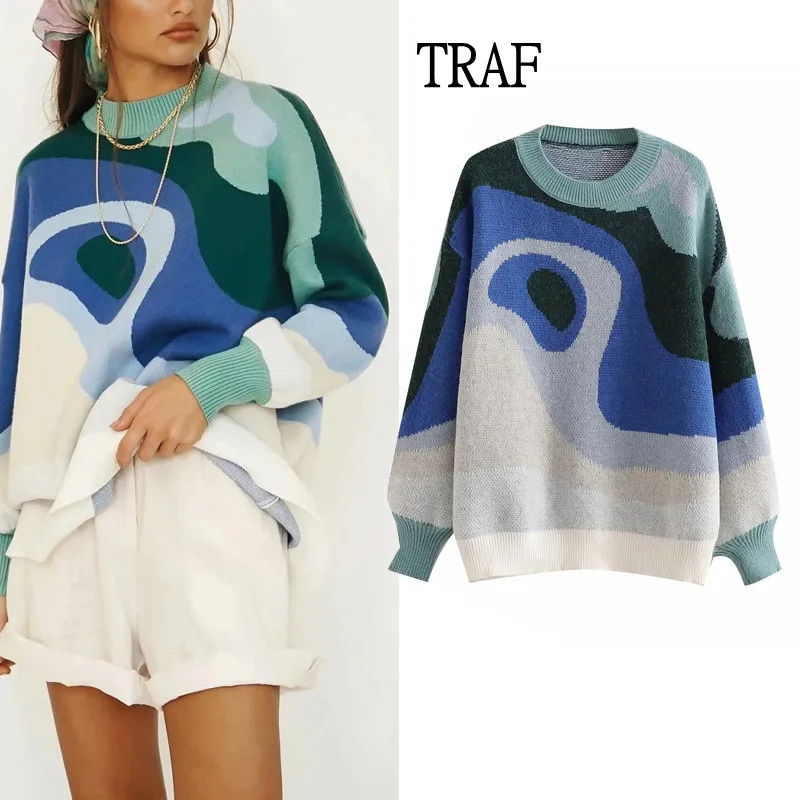 

TRAF 2021 Knitted Sweater Women Oversized Pullovers Women Autumn Winter Loose Long Sleeve Woman Clothing Sweaters Streetwear