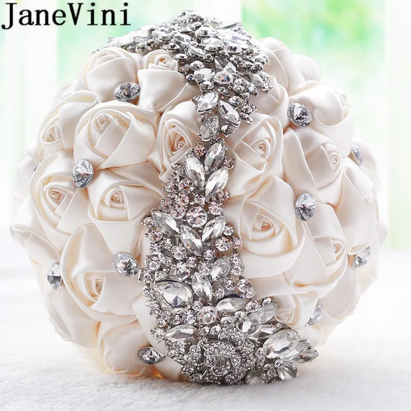 JaneVini серебряный кристалл красный свадебный букет цветов атласная роза бисером