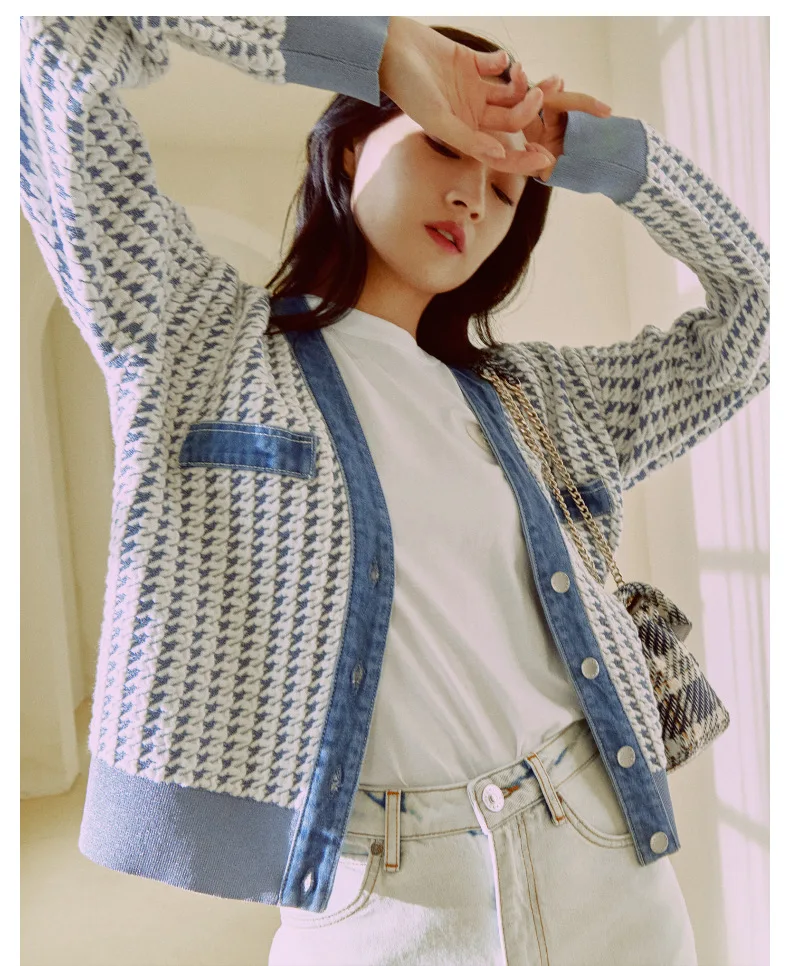 

2021 spring and summer new women's fashion houndstooth denim stitching knitted top SFPCA00293