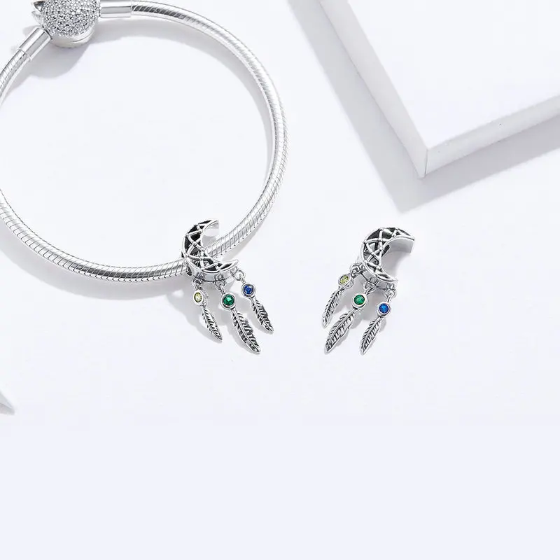 MOWIMO 100% Real Sterling Silver Moon Dreamcatcher Dangle Charms Fit Original Bracelet & Bangle Pendant Beads BKC1232 | Украшения и