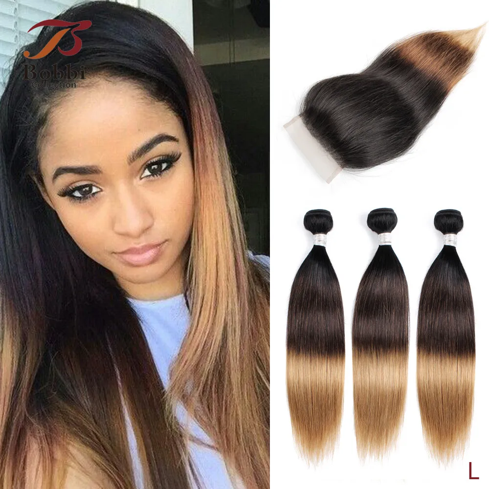 Bobbi коллекция 2/3 пряди с закрытием 1B 4 27 черный коричневый медовый блонд 3 тона