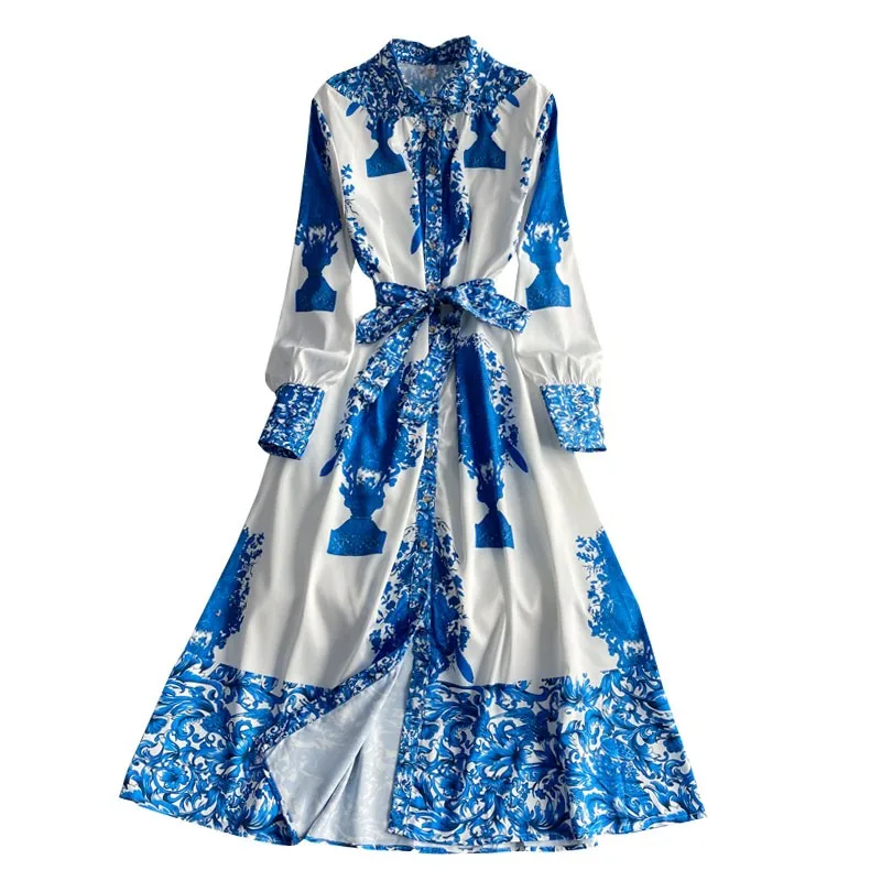 

Guilantu 2021 Fashion Print Floral Vintage Long Dress Women Clothes Long Sleeve Single Breasted Bandage Shirt Dresses Female