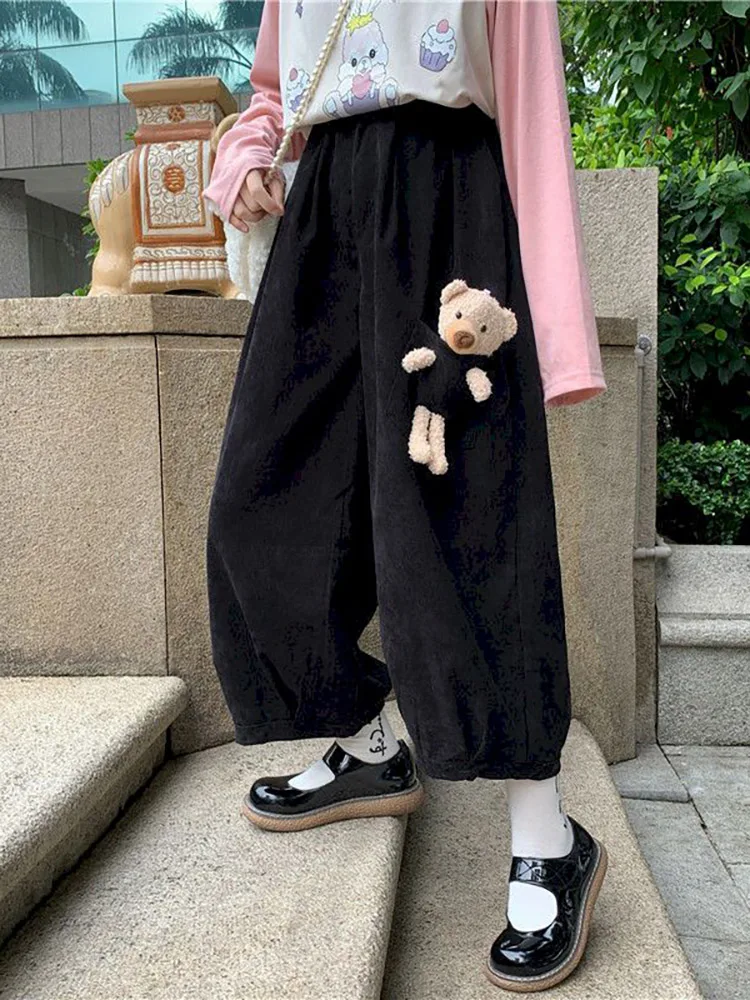 

Nine-point pants female cute bear wide-leg pants autumn college style Japanese soft girl loose wild elastic straight nine-point