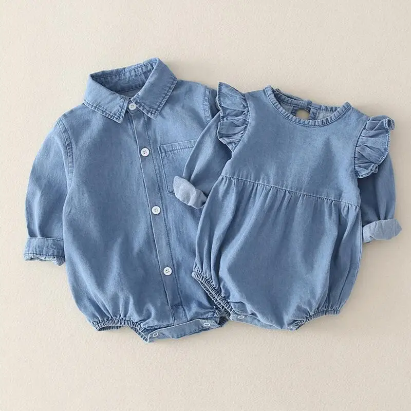 От 0 до 2 лет для новорожденных мальчиков и девочек джинсовый комбинезон с