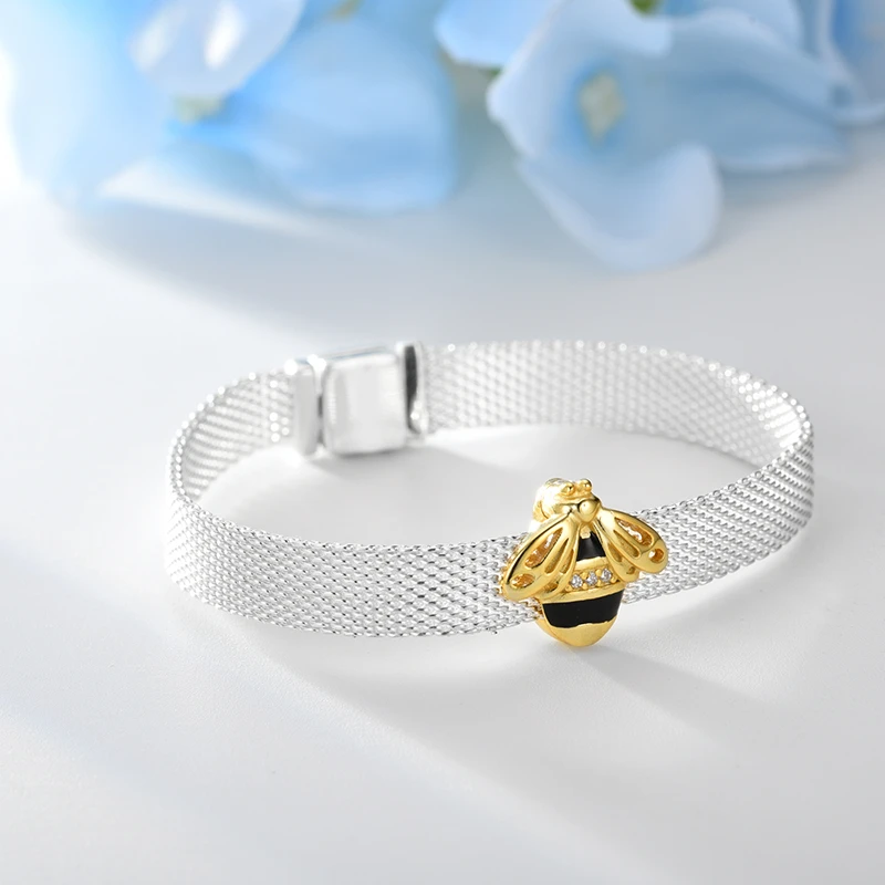 DEVOLOVE Мода 925 стерлингового серебра отражающие клип Подвески пчела цветок бусины