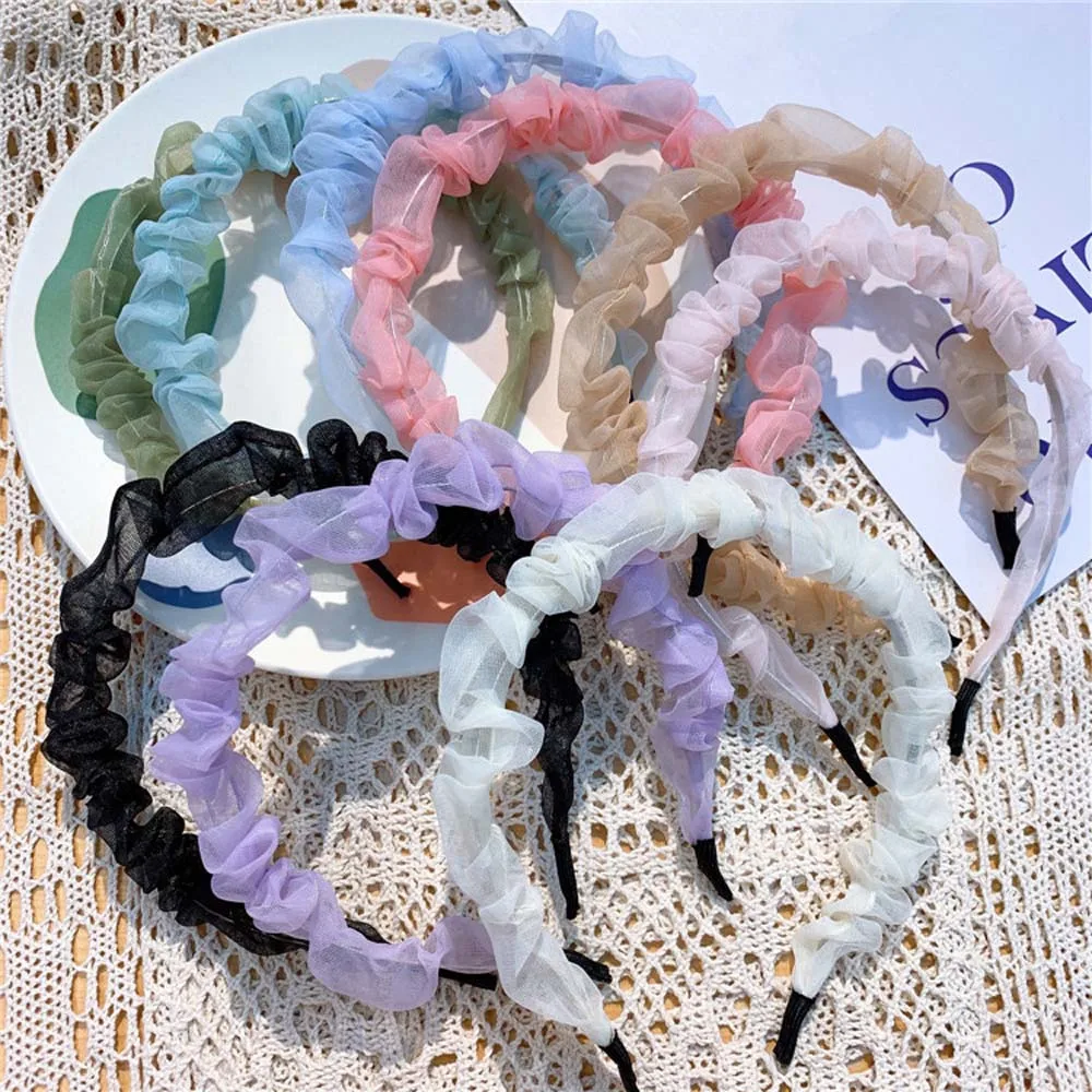 

2020 New Fashion Summer Color Lace Chiffon Mesh Pleated Hairband Hair Hoop Elegant Women Girl Thin Headband Hair Accessories