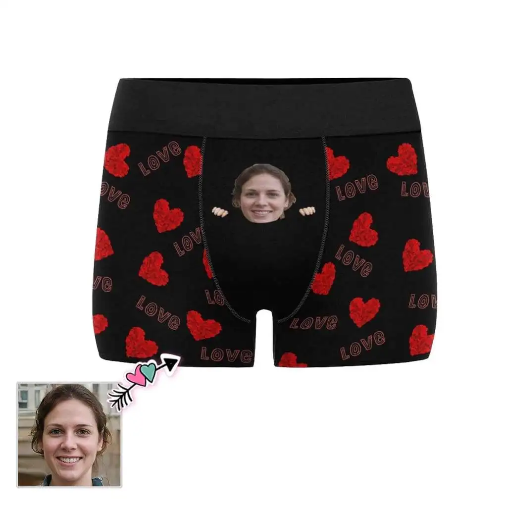

M Yescustom Face Love Heart Pocket Black Men's Print Boxer Personalize Photo Briefs Valentines Day Gift Cotton Casual Underwear