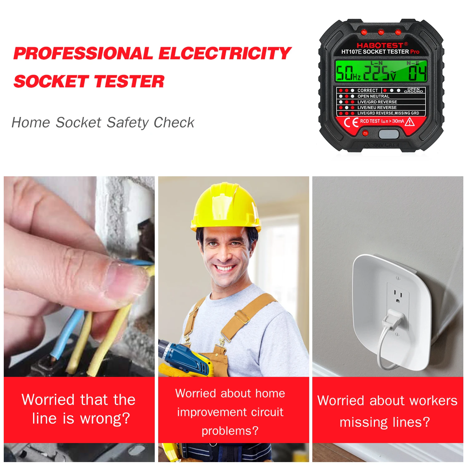 

HABOTEST GFCI Socket Tester 90-250V Outlet Tester Automatic Electric Circuit Polarity Voltage Detector Breaker Finder HT107E