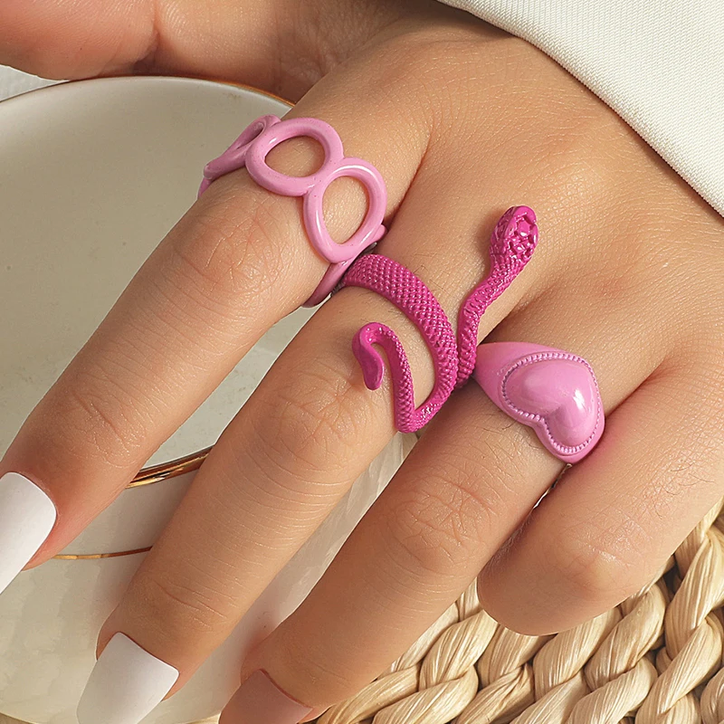 

Vintage Pink Heart Rings Set for Women Fashion Pink Color Alloy Love Heart Ring Wholesale Jewelry Snake Ring Opening Ring Trendy