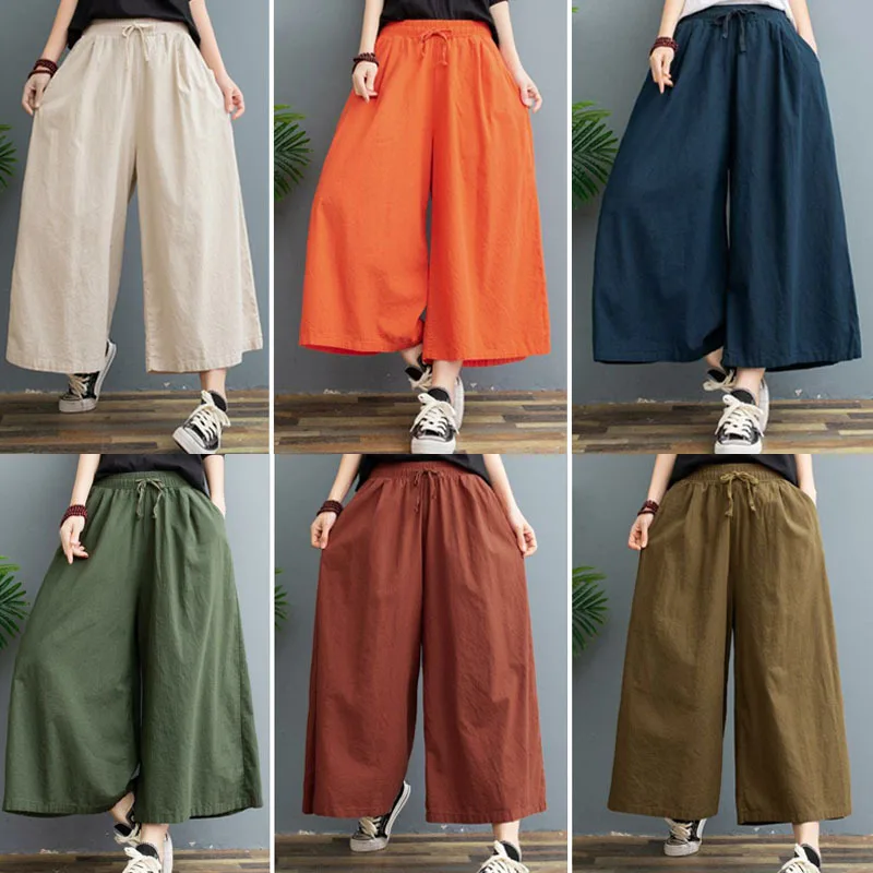 Брюки женские из хлопка и льна с широкими штанинами тонкие свободные льняные