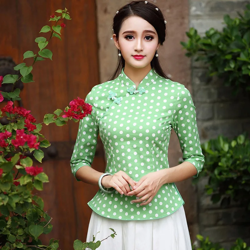 Женская блузка в горошек хлопковая китайская рубашка ретро восточные топы 1/2