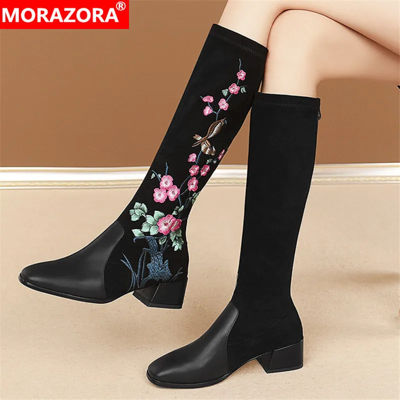 

MORAZORA Embroidery Knee High Boots Women Genuine Leather Shoes Square Toe Zip Ethnic Style Elegant Party Shoes Women Boots