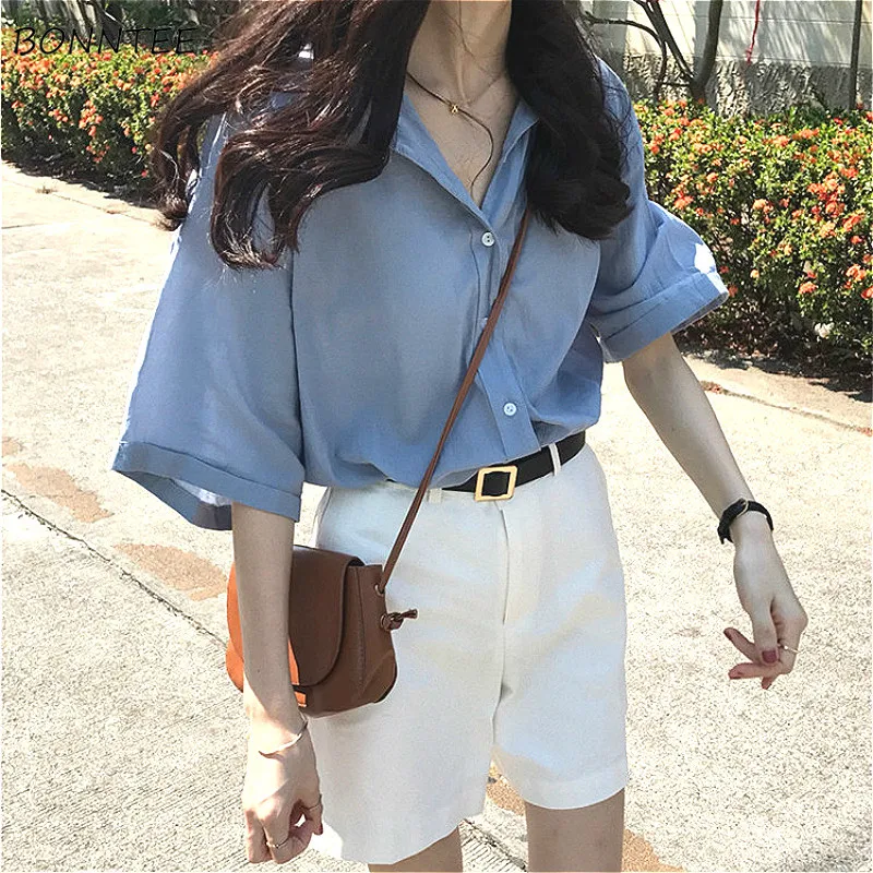 Blouses Shirts Women Summer All-match Solid Fresh Harajuku Casual Loose Thin Vintage Fashion Simple Womens Girls Chic Stylish