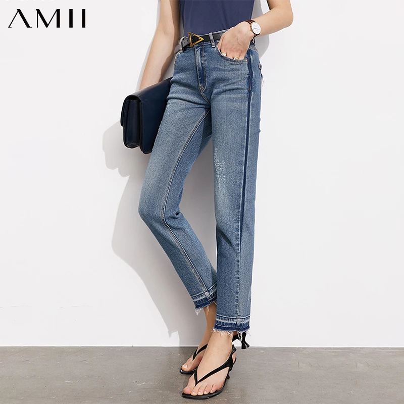 

FAKUNTN Amii Minimalism Summer New Fashion Jeans For Women Causal Cotton High Waist Straight Patchwork Streetwear Women's Pants