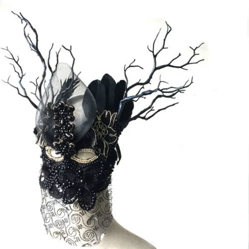 

H3427 Women Black Mask Nightclub Halloween Masquerade Performance Masks Men Girl Carnival Fashion Branches Feather Accessories