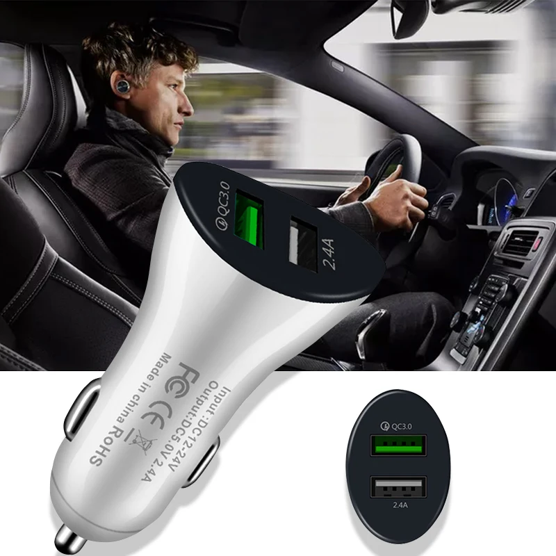 Автомобильное зарядное устройство с двумя Usb портами для iPhone 6 7 Samsung Xiaomi Quick Charge 3