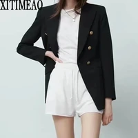 za women fashion with metal buttons blazers coat vintage long sleeve black suit coat female outerwear chic tops
