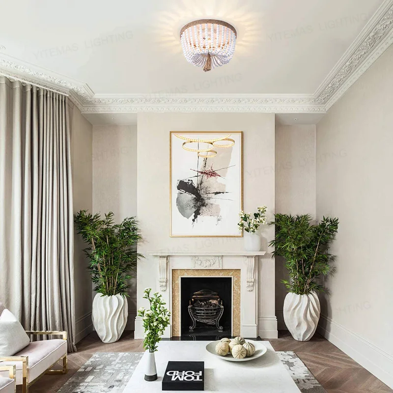 Американская деревенская богемная потолочная лампа с деревянными бусинами для