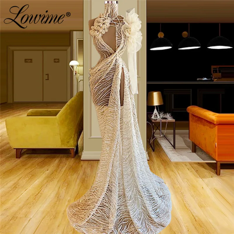 

Lowime Heavy Beading Crystals Long Arabic Evening Dresses Pageant Party Gowns 2021 Plus Size Champagne Illusion Prom Dress Robes