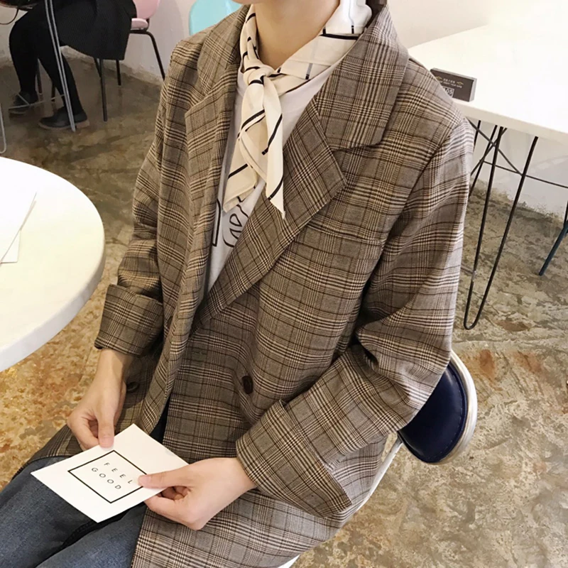 Двубортный Корейский ретро клетчатый костюм женский осенний Новый Свободный