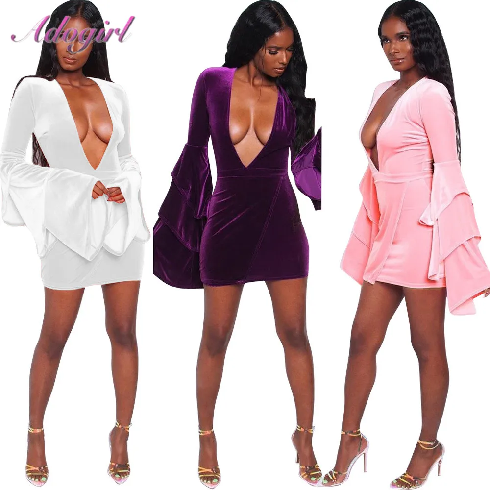 Повседневное однотонное Расклешенное мини-платье с длинным рукавом и глубоким