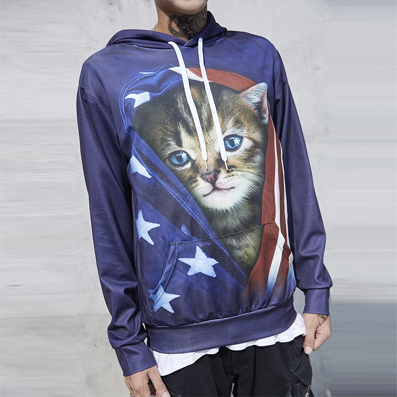 Милый Кот в американском толстовка с рисунком флага для мужчин стиле хип хоп