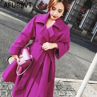 korea women autumn winter belt long wool coat ladies long sleeve notched collar overcoat parka jacket vintage