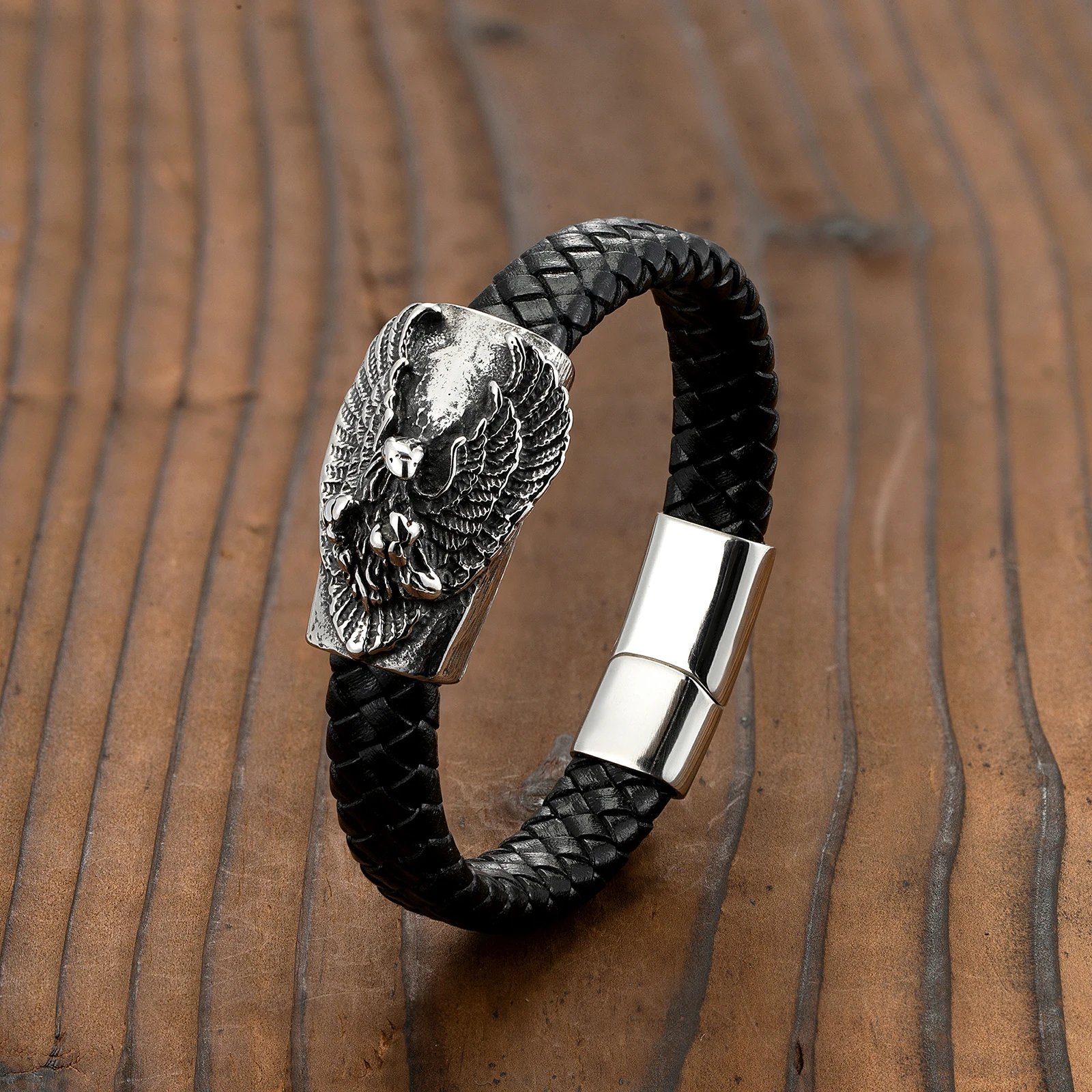 Крутой мужской кожаный браслет с головой орла простой тканый из нержавеющей