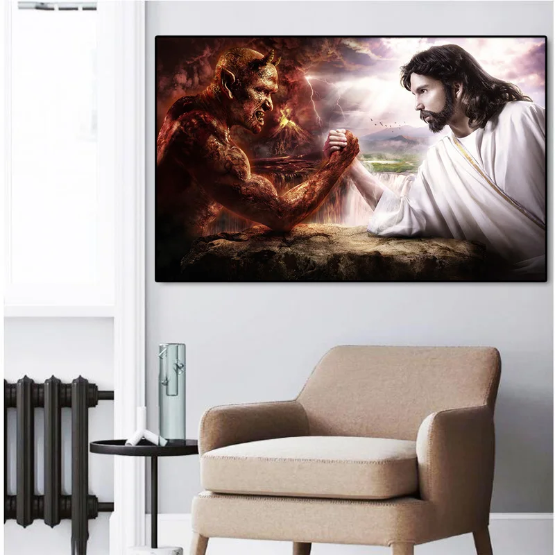 Картина на холсте с изображением бога Иисуса против Сатаны
