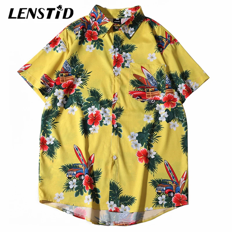 LENSTID 2020 Men Hawaiian Shirt Yellow Hip Hop Streetwear Harajuku Floral Beach Top Short Sleeve Summer Aloha Shirts | Мужская одежда