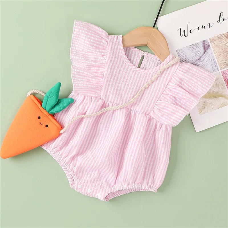 

Baby Girls sweet Striped Short Romper with Ruffles, Sleeveless O-neck High Waist Jumpsuit for Summer
