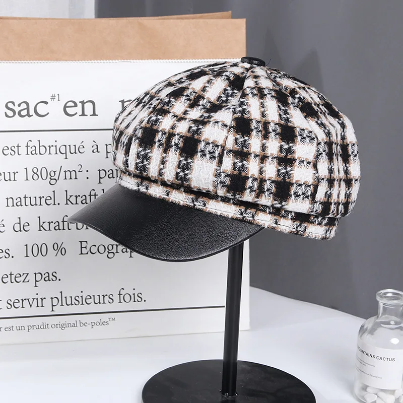 

2020 New Plaid Octagonal Hat Women Autumn Winter Vintage Beret Hat For Women Cotton Casual Newsboy Hat Girl Female Octagonal Cap