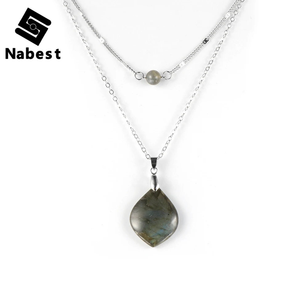 Женское ожерелье с подвеской из натурального камня лабрадорита Двухслойное
