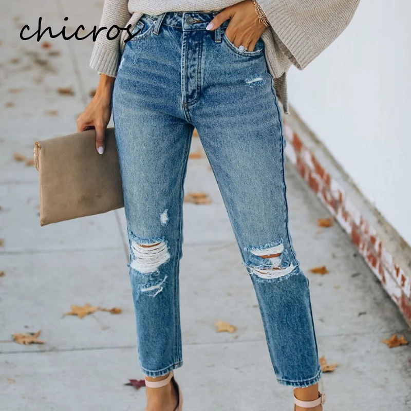 

Chicros Women's Straight-leg Jeans with Ripped Holes Casual Temperament Autumn and Winter Jeans