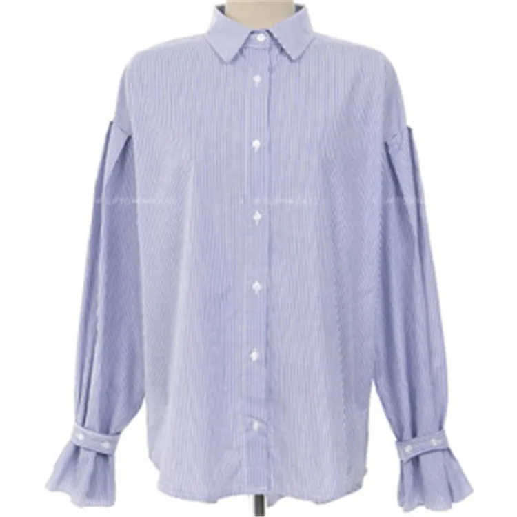 

2021 Spring And Summer Petal Sleeve Shirts New Loose Medium and Long BF Blue and White Striped Bottoming Blouse Women