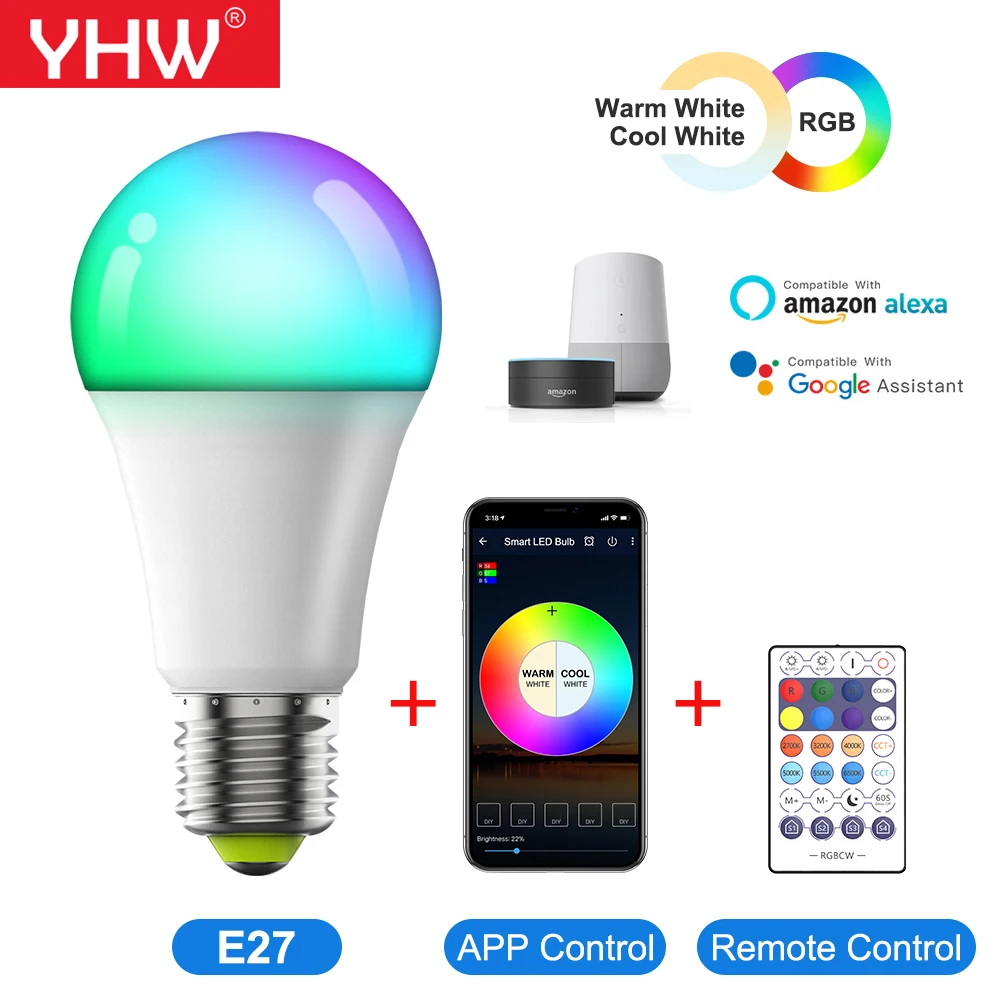 Умная лампочка YHW с Wi Fi E27 светодиодная лампа RGB + холодный теплый белый свет
