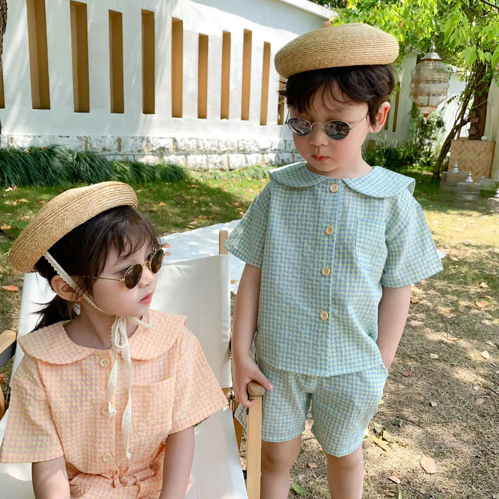 Летние милые комплекты одежды в клетку с матросским воротником для мальчиков и