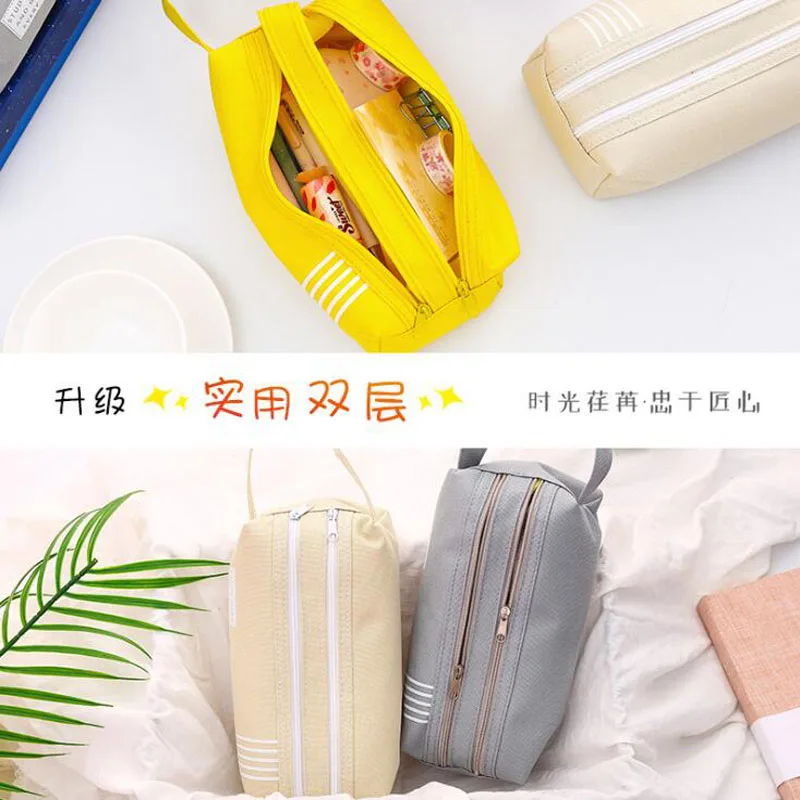 Pencil Case Solid Estuche Escolar Double Zipper Large Trousse Scolaire Stylo Pencilcase Stripe Canvas | Канцтовары для офиса и
