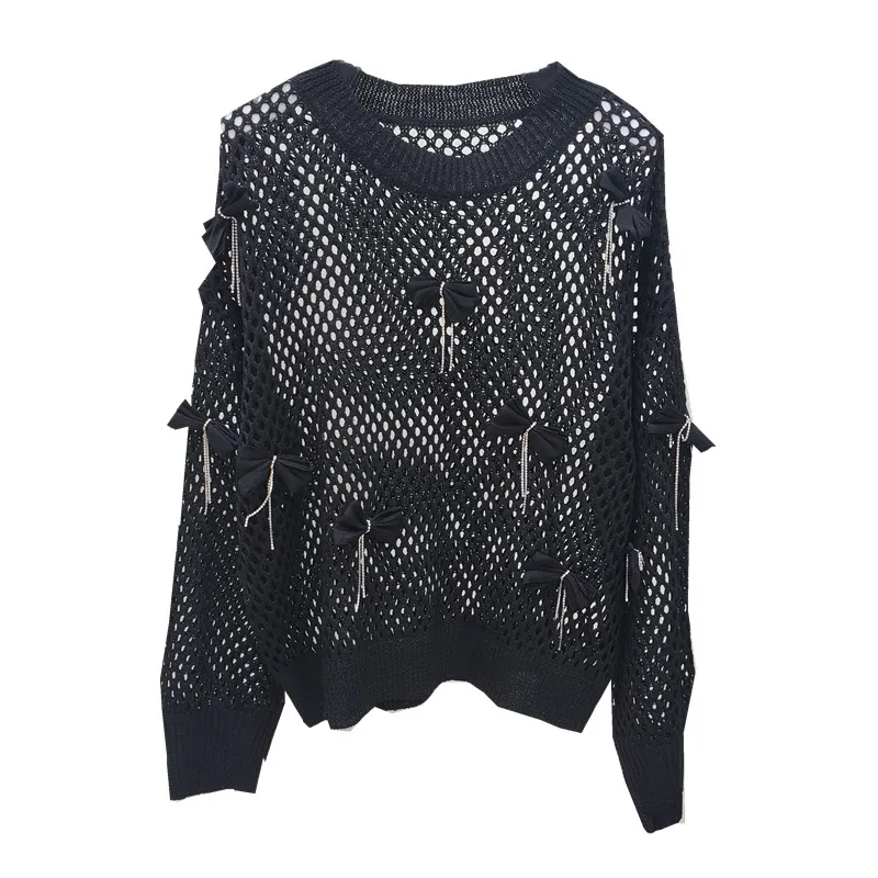 

2021 Autumn Sweet Diamond Tassel Bow Crocheted Hollow Sweater Women's Thin Loose Pullovers Top New Sweaters Lady Knit Shirts